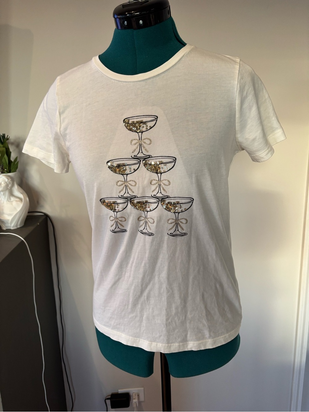 J. Crew Collector Tee White Graphic Champagne Glass Tee gold sequins, XS